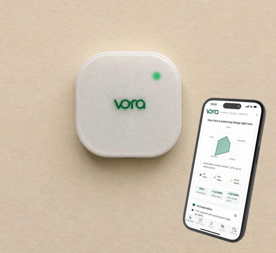 Step 3: the Vora app on a phone controlling the AC