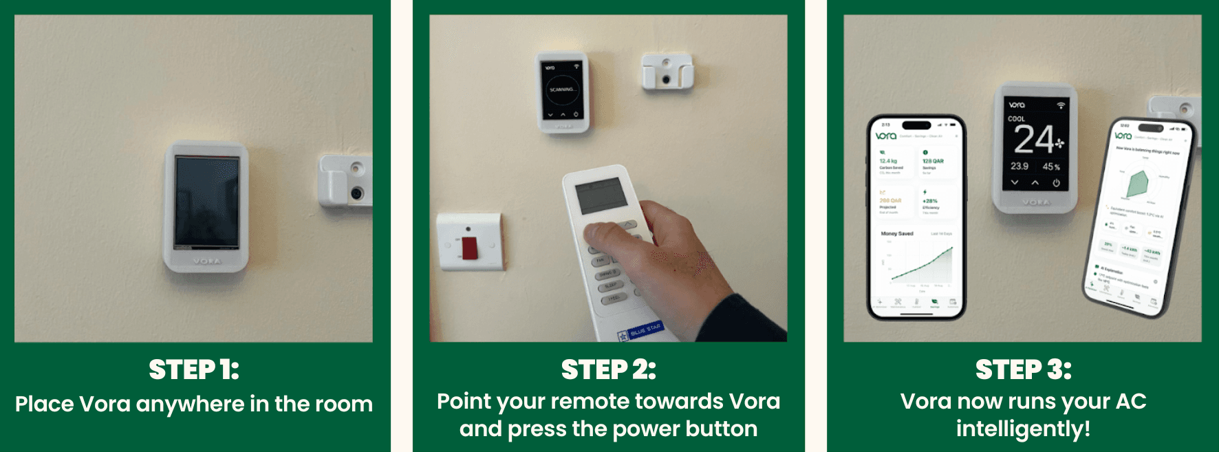 Three simple setup steps: install device, connect app, AC optimized