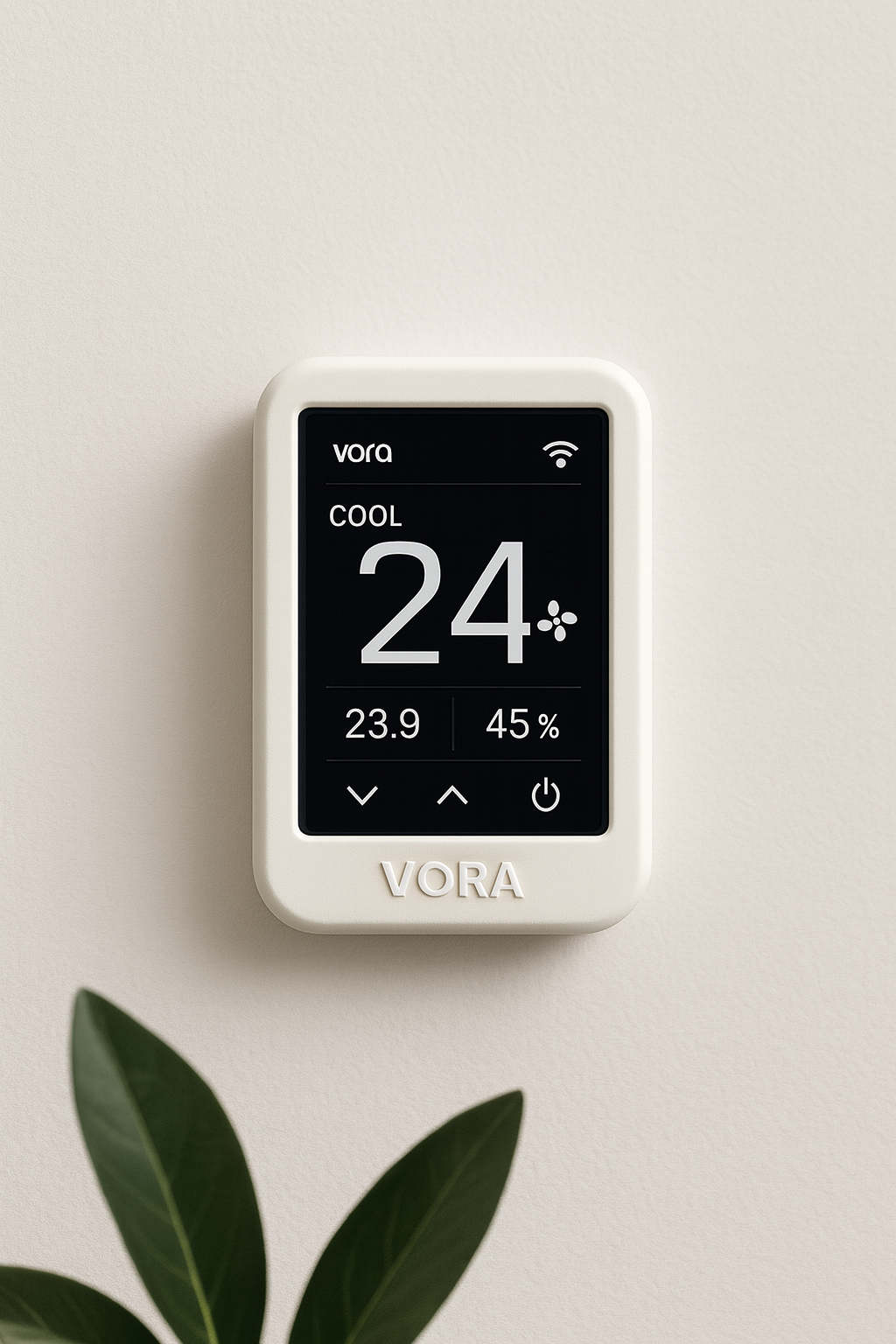 Vora thermostat mounted on a wall showing temperature and controls